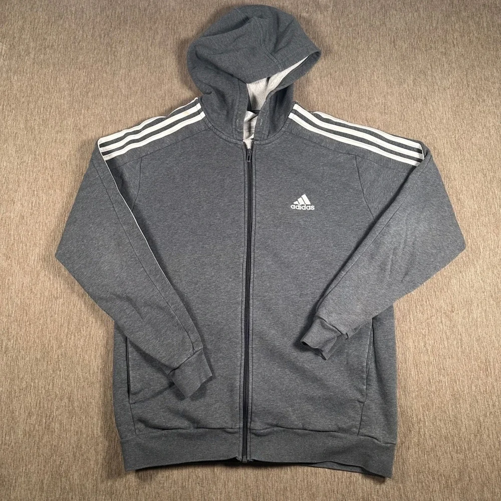 Adidas Mens Full Zip Hoodie Gray White 3-Stripe Active Sweatshirt Size Medium